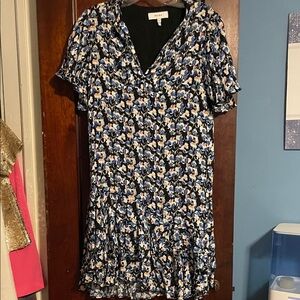 Reiss Blue, Black & Cream Floral V-Neck Ruffle Dress
